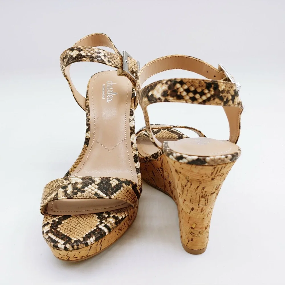 Charles David Sandals Woman Lambert Brown Snakeskin 9.5 Ankle Strap Shoe Wedge‎